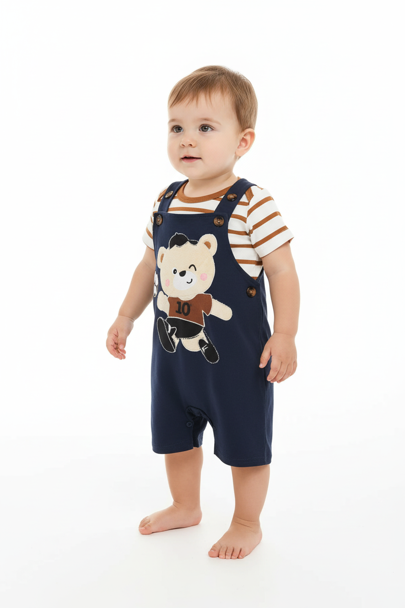 Bébé garçon en ensemble ourson footballeur - vue trois-quarts montrant ensemble 2 pièces complet - BabyCoton