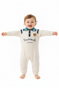 Bébé garçon en romper côtelé beige Peninsula - col polo rayé bleu canard marine patch ours texte Peninsula cursif boutons pression - vue de face - BabyCoton