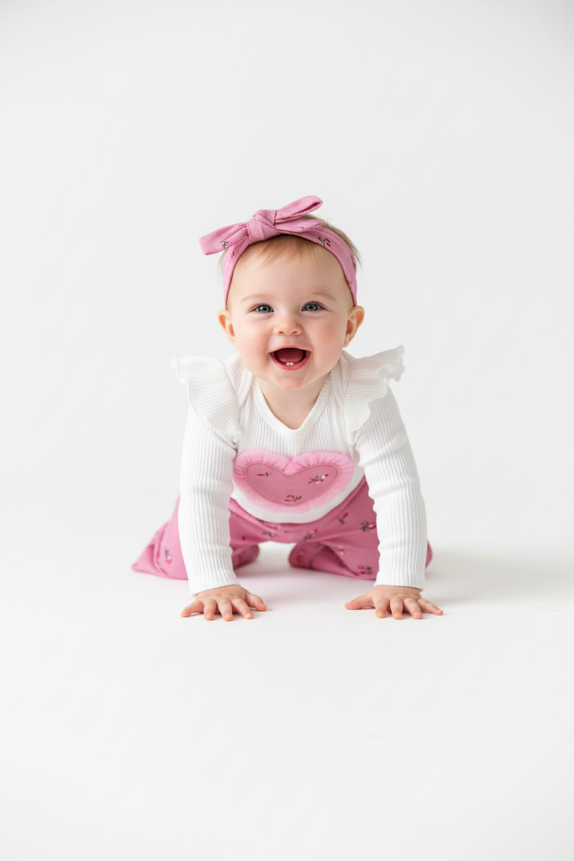 « Bébé fille en ensemble blanc et rose fleuri tendant les bras joyeusement - vue de profil »

