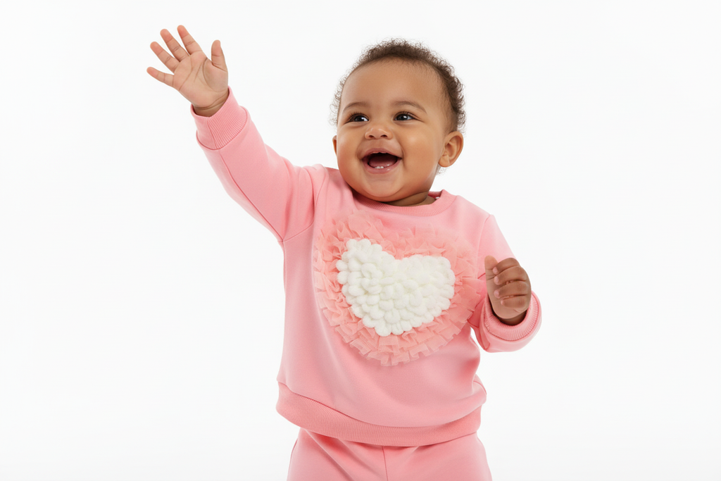 Bébé  jouant activement en portant un sweat rose col rond avec appliqué cœur en relief rose et blanc et pantalon rose assorti
