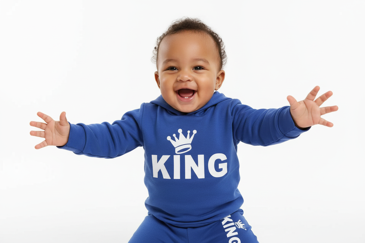 Bébé  diverse jouant activement en portant un body hoodie bleu avec texte KING et couronne blanc et pantalon bleu assorti
