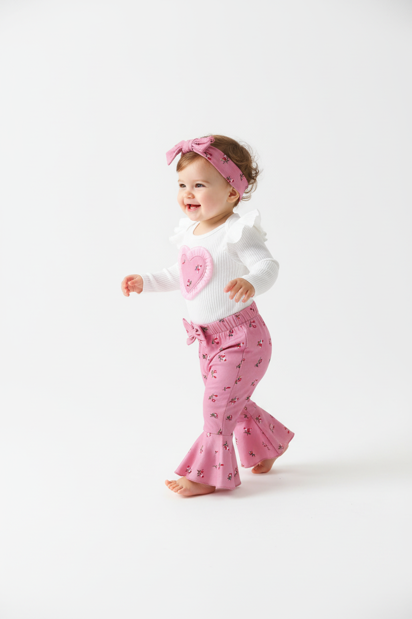  « Bébé fille faisant ses premiers pas en body blanc à manches volantées avec cœur rose et pantalon fleuri évasé »
