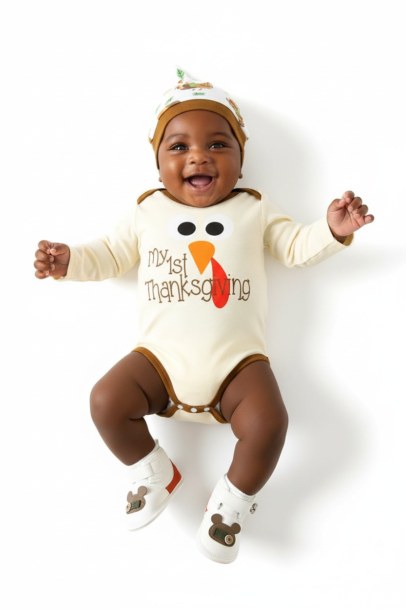 Bébé portant ensemble Mon 1er Thanksgiving dinde 3 pièces - vue trois-quarts - détail tenue festive complète - photo produit fond blanc - BabyCoton Suisse
