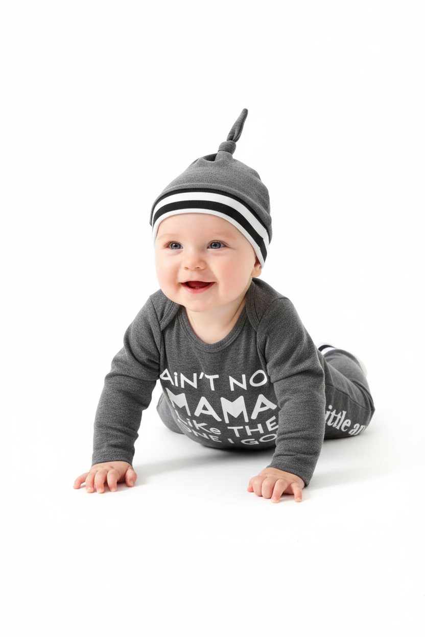 Bébé en mouvement portant ensemble 3 pièces body lettres, pantalon et chapeau - pose naturelle rampant ou jouant - liberté de mouvement - tenue confortable bébé - fond blanc studio professionnel - BabyCoton Suisse
