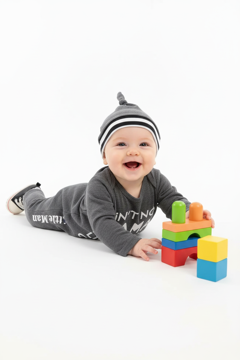 Bébé souriant heureux portant ensemble body à motif lettres avec pantalon et chapeau coordonnés - pose ludique engagée - tenue confortable adorable - fond blanc studio - vêtements bébé BabyCoton Suisse
