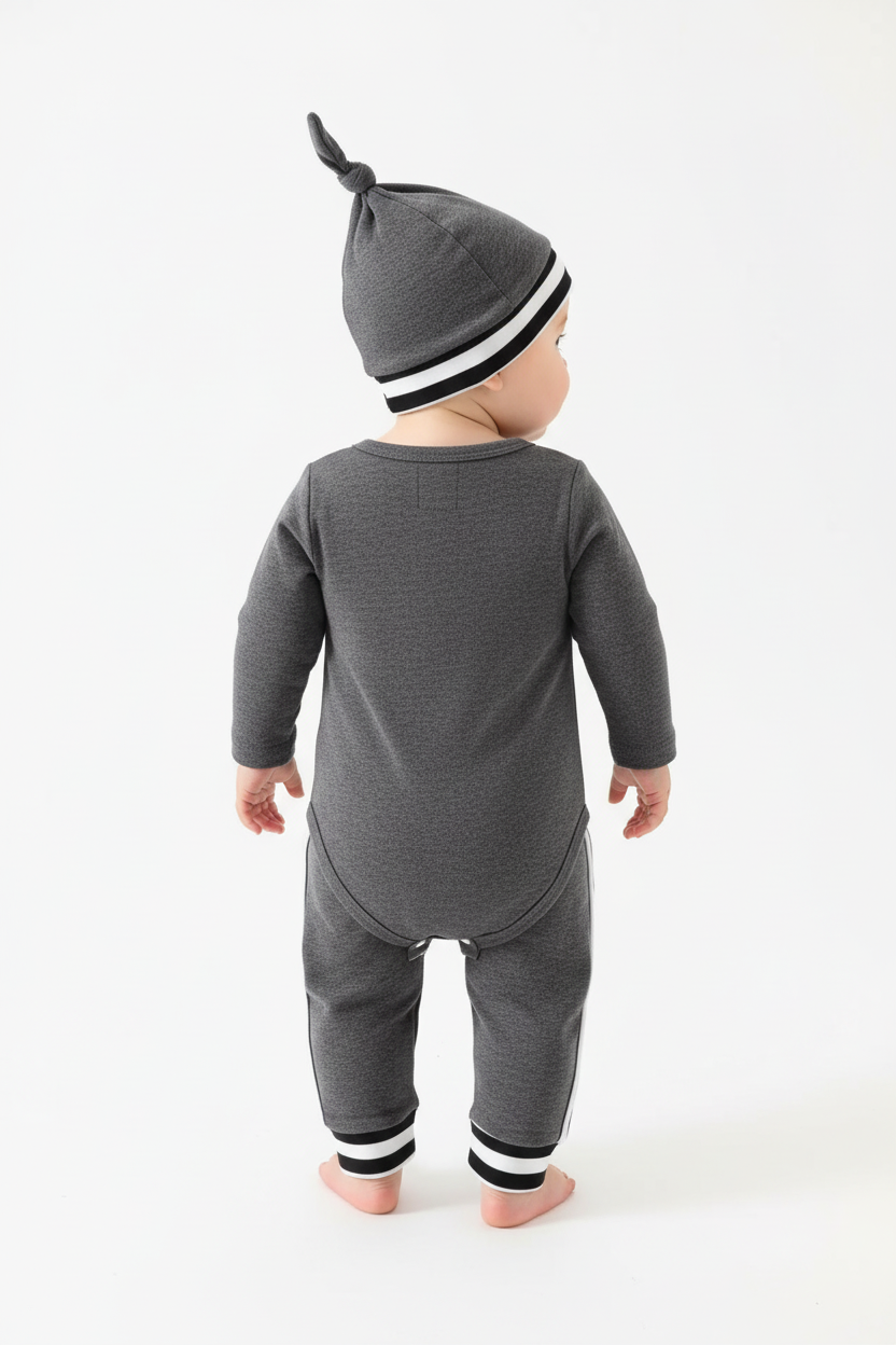 Bébé portant ensemble 3 pièces body lettres, pantalon et chapeau - vue de dos montrant arrière du body et chapeau - tenue complète bébé - fond blanc studio professionnel - BabyCoton
