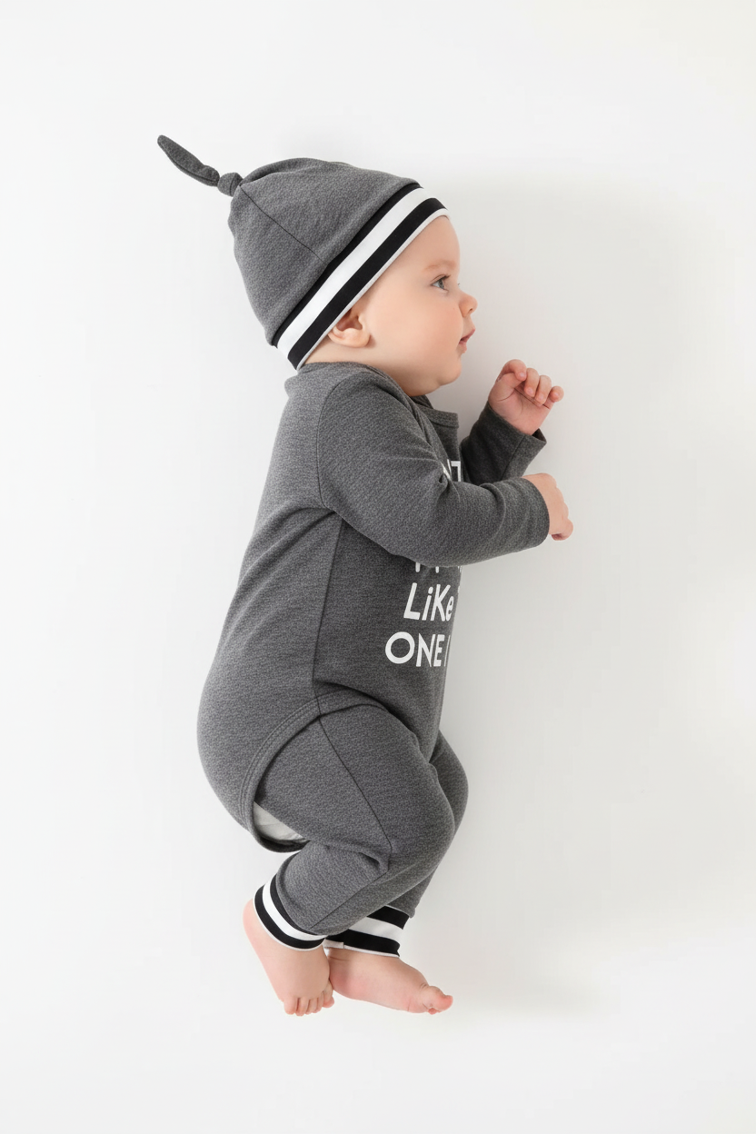 Bébé portant ensemble body à lettres avec pantalon et chapeau coordonnés - vue de profil latérale - motif lettres visible - coton ultra-doux - fond blanc studio - BabyCoton Suisse

