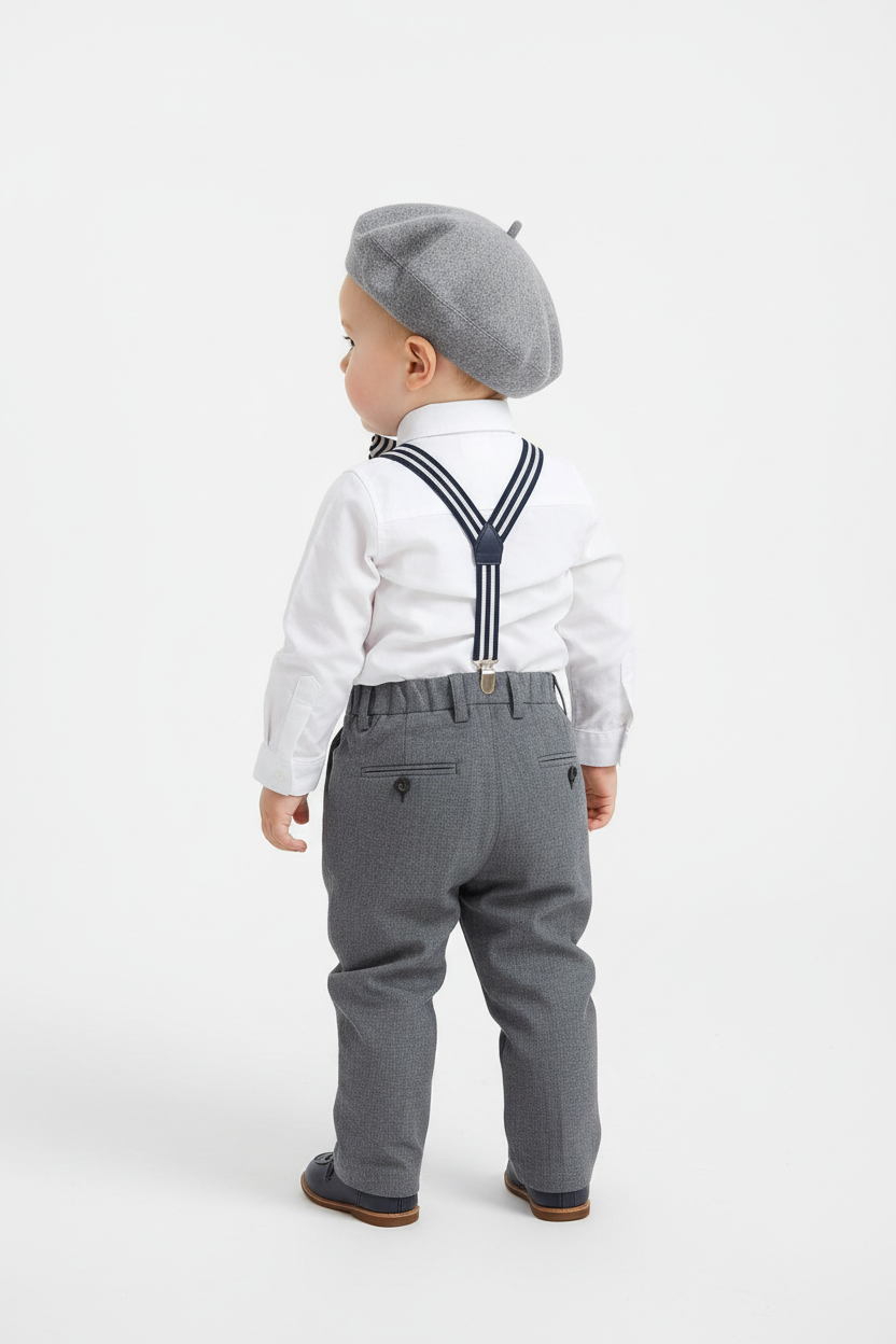 Bébé portant ensemble élégant vue de dos fond blanc