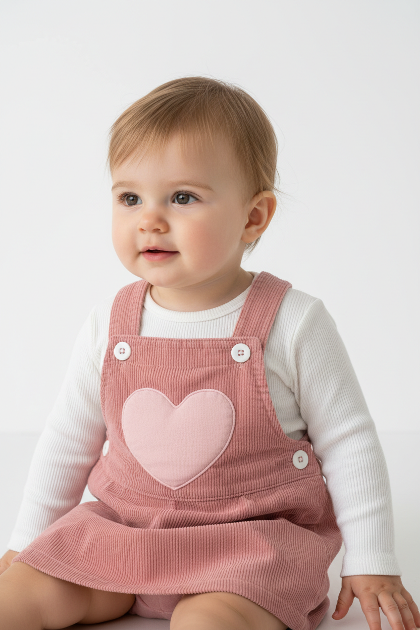 Bébé portant ensemble salopette rose cœur vue trois-quarts fond blanc