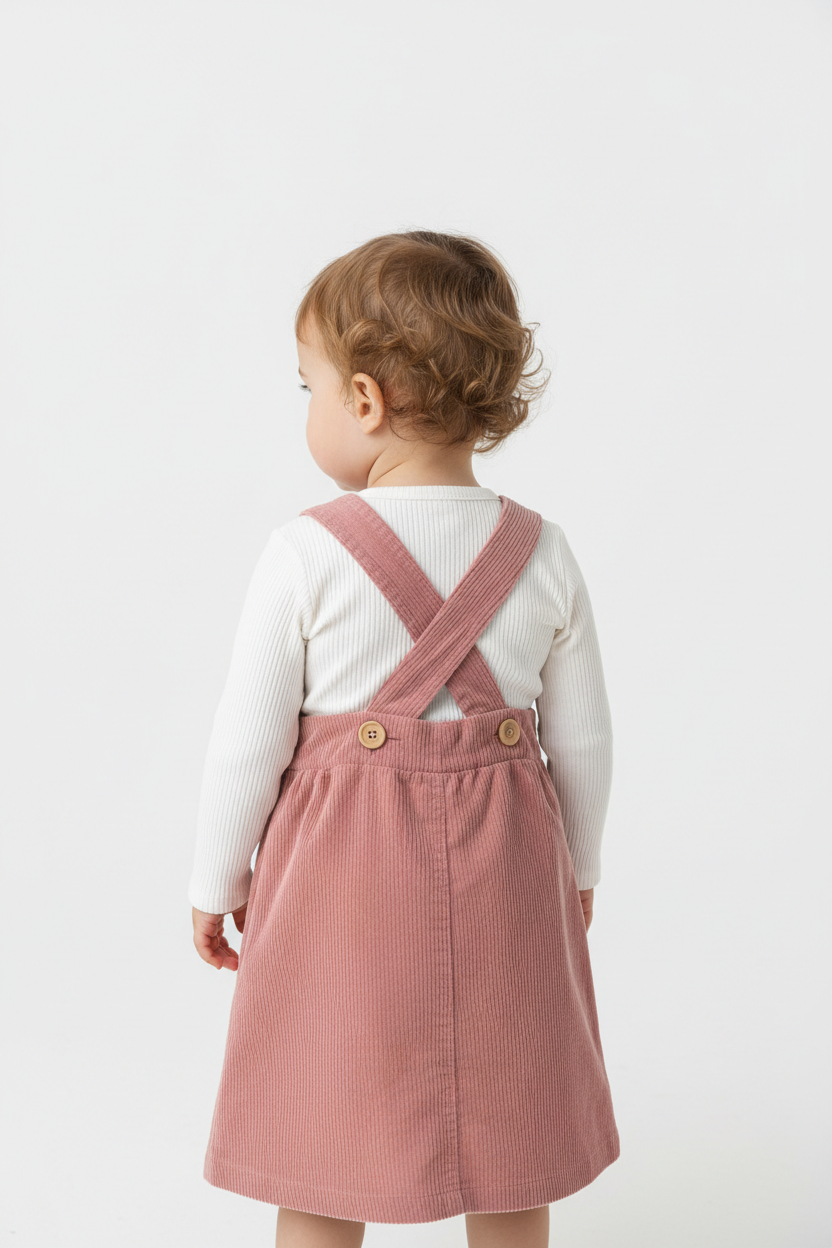 Bébé portant ensemble salopette rose vue de dos fond blanc