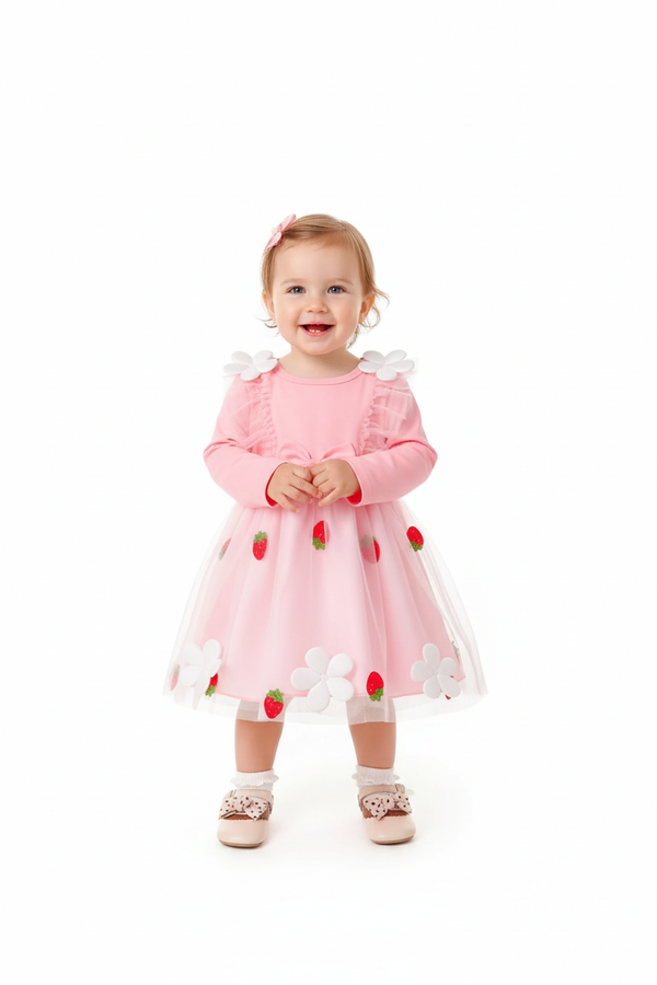 Bébé portant robe décoration nœud à volants manches longues - vue de face fond blanc - 65% coton 35% polyester - photo produit BabyCoton Suisse
