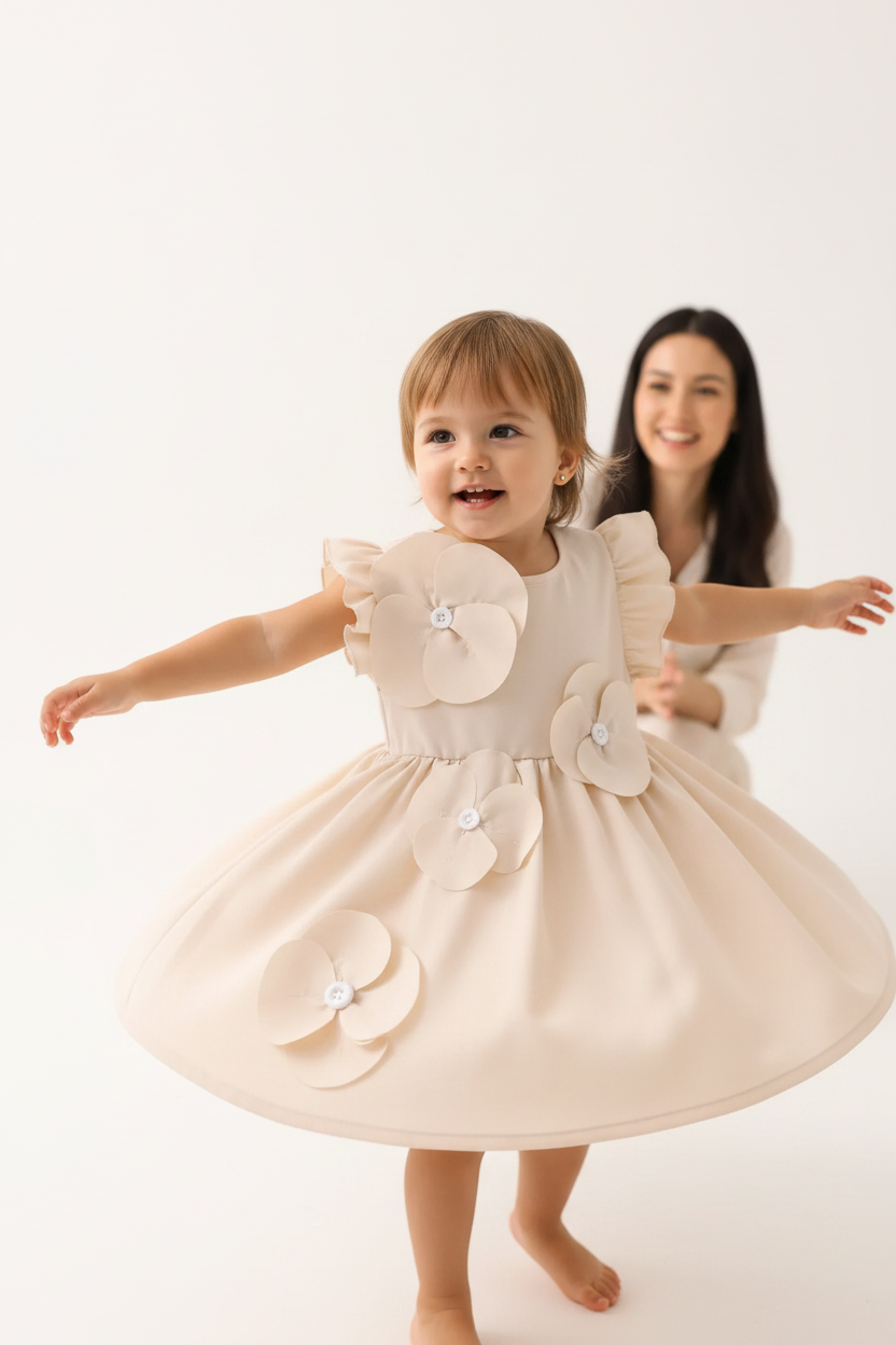 Bambin 12-18M robe beige fleurs 3D qui tourne fond blanc