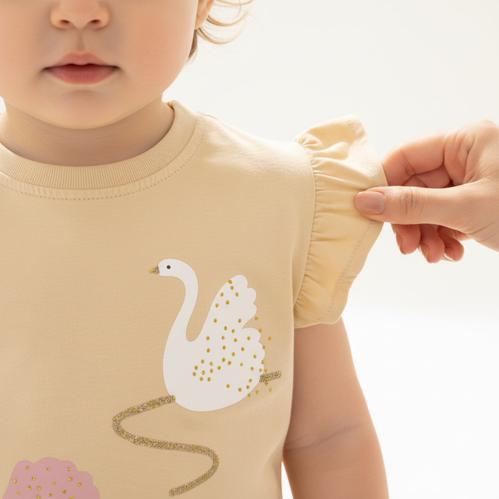 Détail broderie cygne sur top bébé fille — manches volantées coton beige, finitions artisanales qualité premium