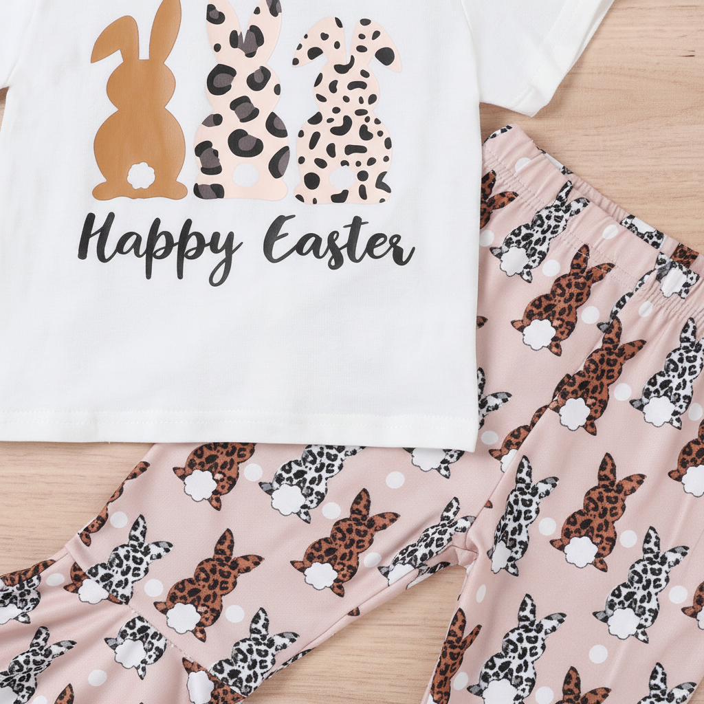 Détail gros plan imprimé lapins léopard t-shirt Happy Easter et tissu pantalon évasé rose — ensemble fillette BabyCoton, fond blanc