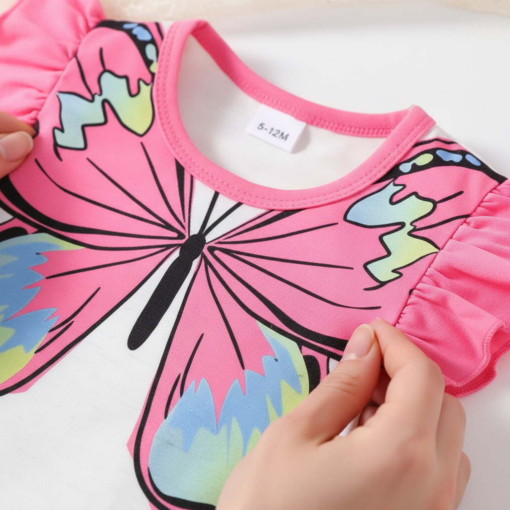 Détail imprimé papillon coloré sur top bébé fille blanc — manches volantées rose, finitions premium qualité boutique enfant BabyCoton
