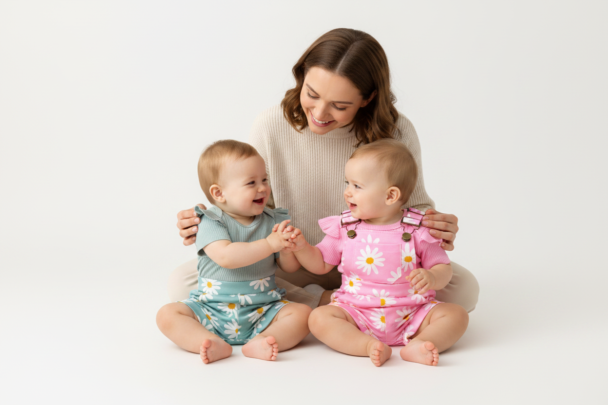 Duo bébés ensemble teal et rose salopette marguerites avec maman