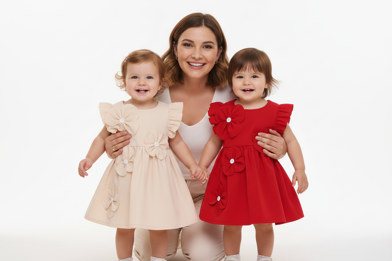 Duo bébés robe beige et rouge fleurs 3D avec maman fond blanc