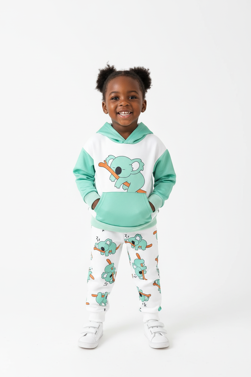 Enfant en ensemble hoodie Koala graphique pantalon - pose cozy réconfortante - style mignon câlin - photo lifestyle fond blanc - BabyCoton Suisse
