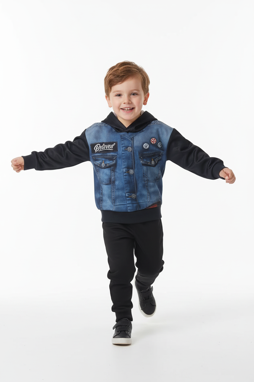 « Enfant en ensemble Beloved effet denim et noir sautant bras levés - vue de profil »
