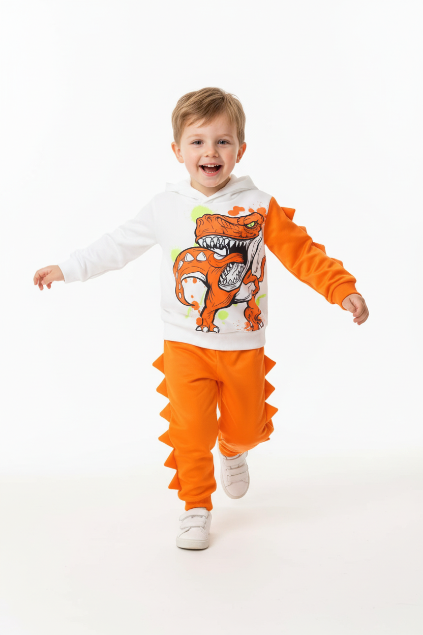 « Enfant en ensemble dinosaure orange et blanc sautant bras levés - vue de profil