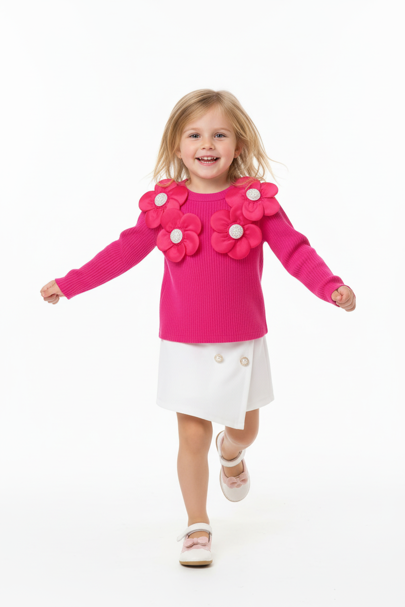 « Fillette en ensemble rose fuchsia et blanc tournoyant pour montrer le mouvement de la jupe - vue de profil »