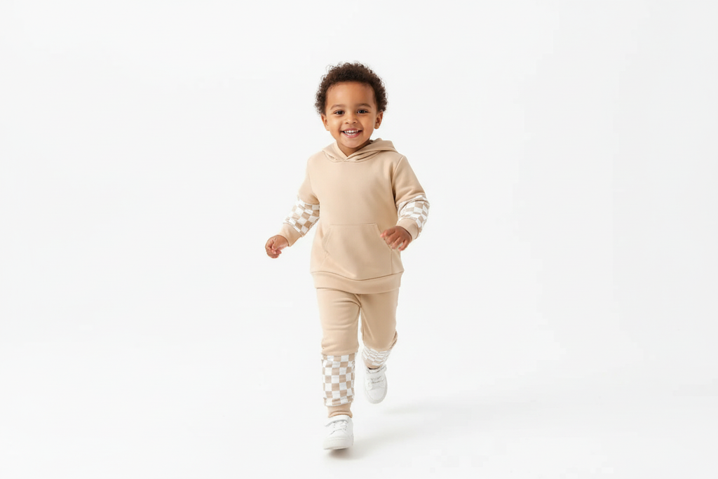 Enfant d'origine diverse courant joyeusement en portant un ensemble sweat à capuche beige avec détails à carreaux blancs et pantalon coordonné
