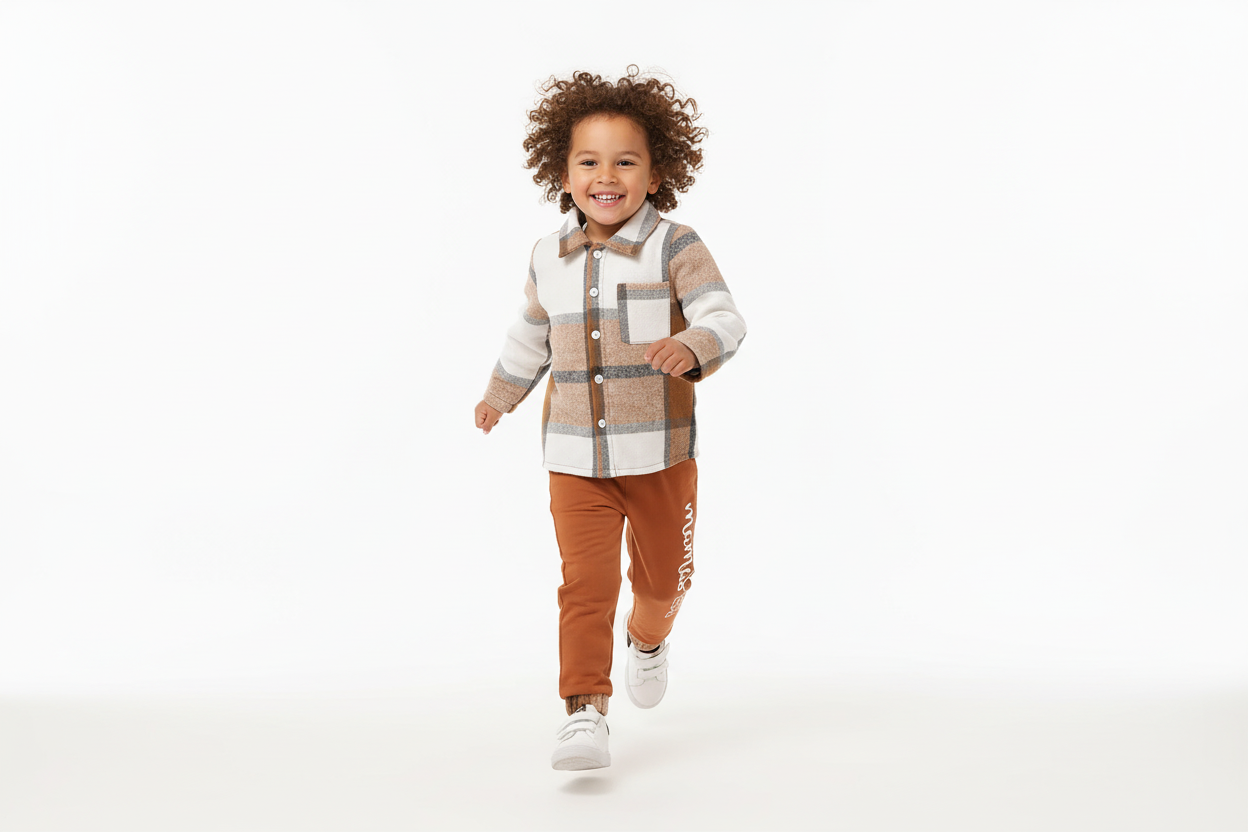 Garçon d'origine diverse courant joyeusement en portant une chemise boutonnée à carreaux beige et blanc avec pantalon orange
