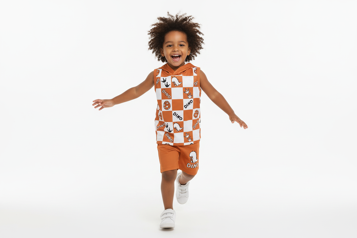 Enfant courant joyeusement en portant un débardeur à capuche orange à carreaux avec motifs dinosaures DINO et short orange assorti
