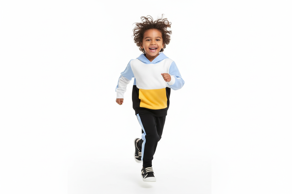  diverse courant joyeusement en portant un hoodie color block blanc, bleu ciel, jaune et noir avec pantalon noir à bandes bleues
