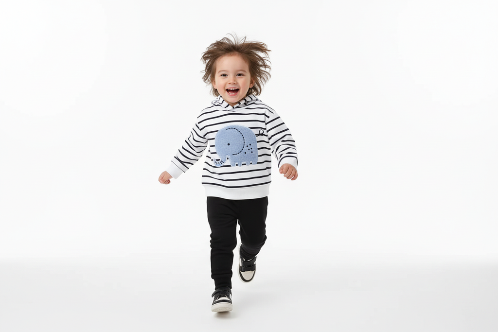 Enfant  courant joyeusement en portant un hoodie blanc à rayures noires avec appliqué éléphant bleu et pantalon noir
