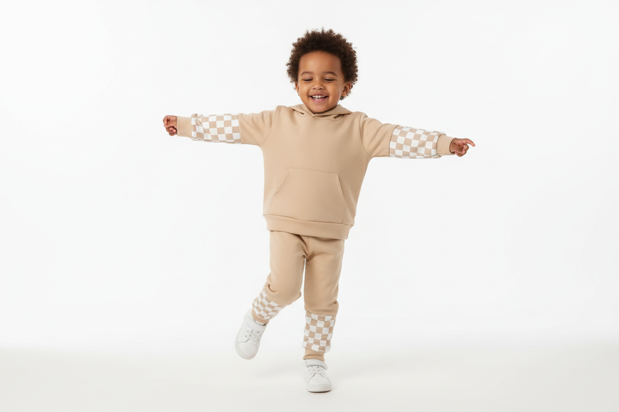 Enfant  dansant et tournoyant avec bonheur en portant un ensemble sweat à capuche beige à carreaux et pantalon confortable
