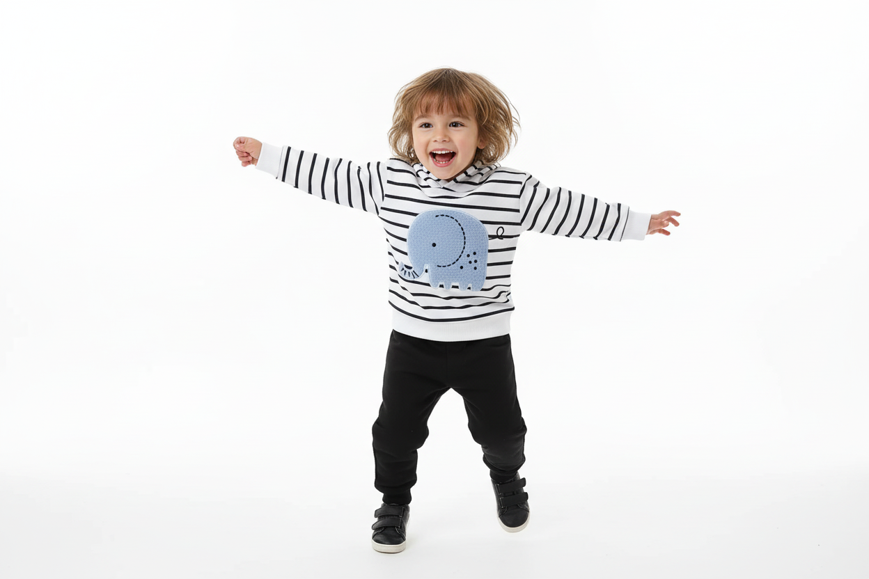 Enfant  dansant avec bonheur en portant un hoodie blanc à rayures noires avec appliqué éléphant bleu et pantalon noir
