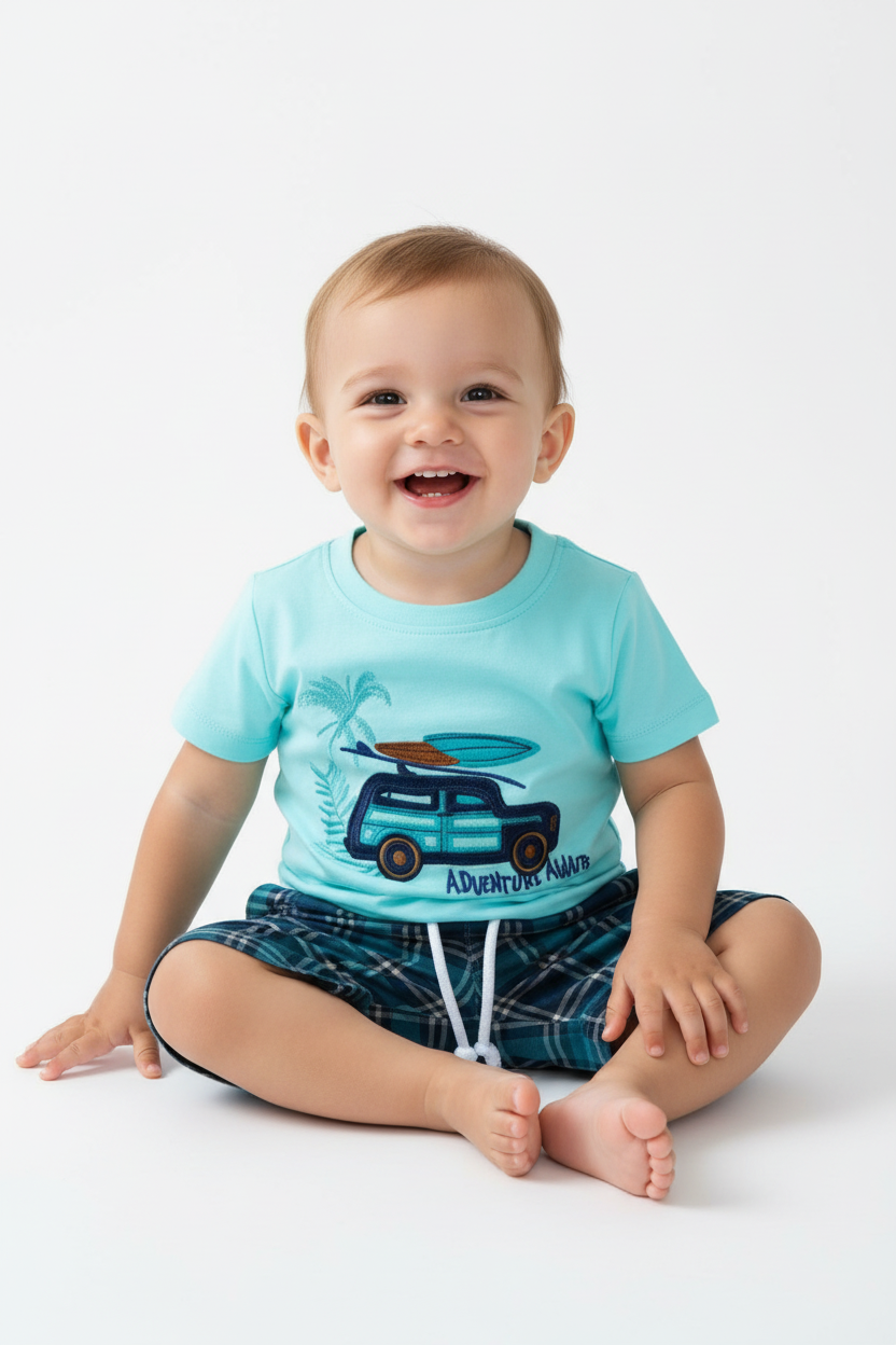 Enfant en ensemble Adventure Awaits turquoise - pose assise adorable - vêtement enfant confortable - BabyCoton