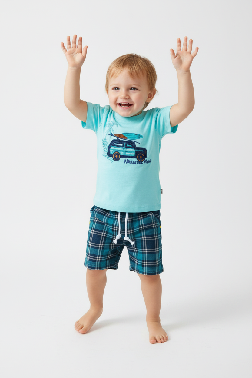Enfant en ensemble Adventure Awaits turquoise - pose bras levés joyeuse - tenue ludique enfant - BabyCoton