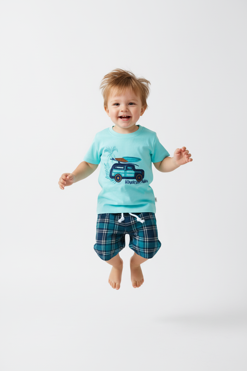 Enfant en ensemble Adventure Awaits turquoise - saut joyeux - tenue été enfant active - BabyCoton