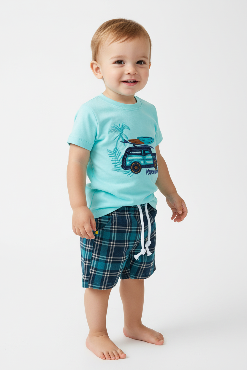 Enfant en ensemble Adventure Awaits turquoise - vue trois-quarts montrant ensemble complet 2 pièces - BabyCoton