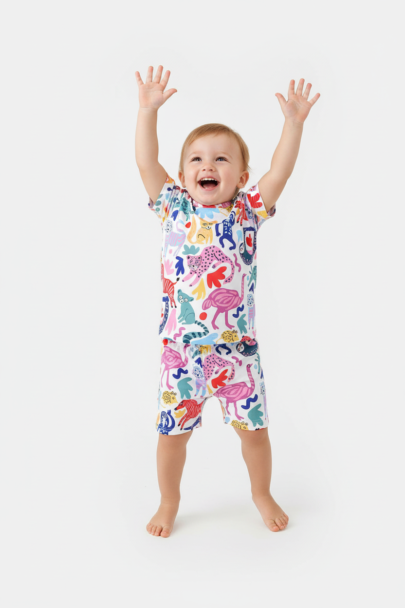 Enfant en ensemble animaux colorés blanc - pose bras levés joyeuse - tenue ludique enfant - BabyCoton