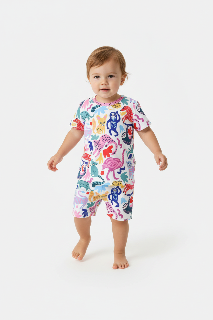 Enfant en ensemble animaux colorés blanc - pose en marche - tenue décontractée enfant - BabyCoton