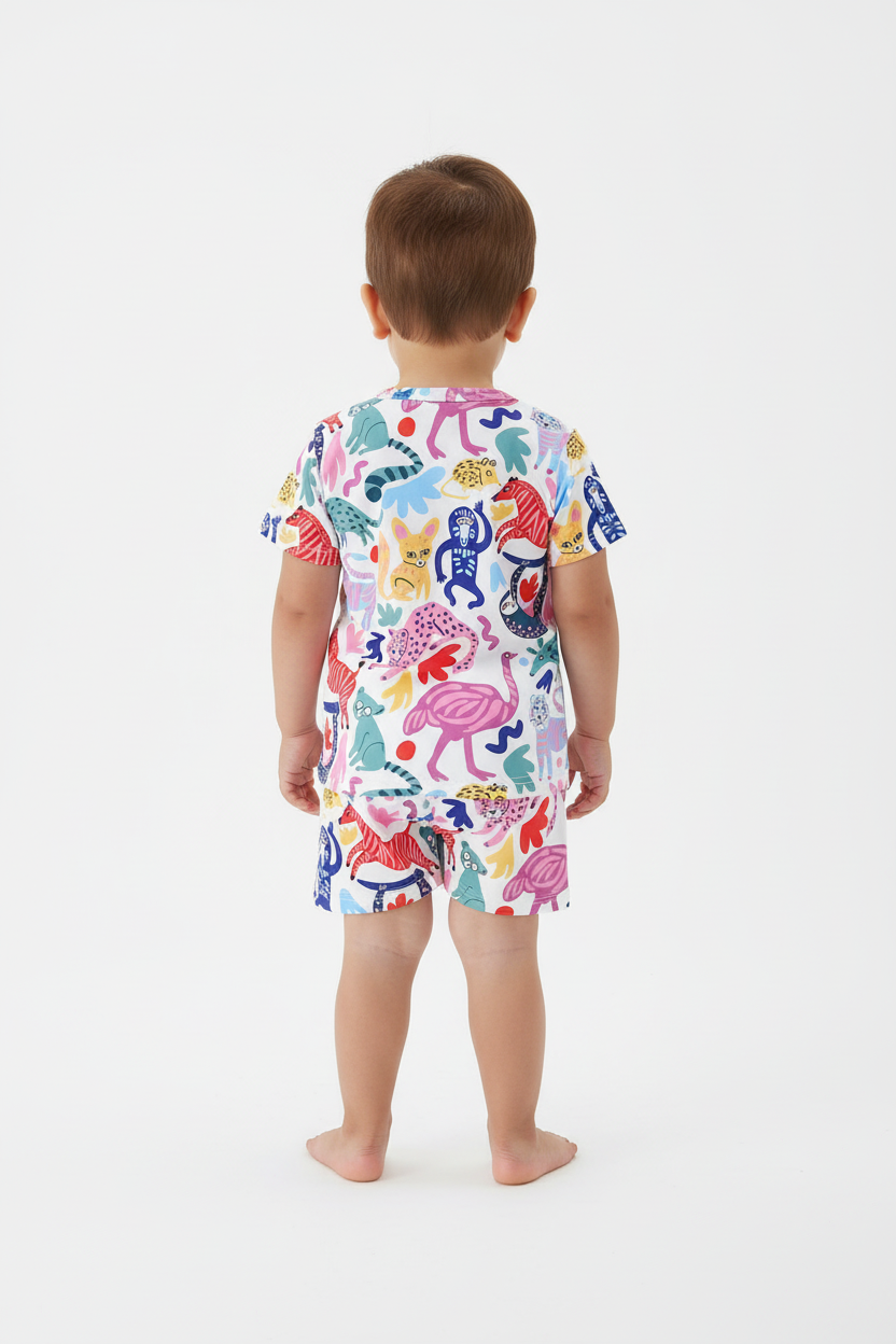 Enfant en ensemble animaux colorés blanc - vue de dos montrant t-shirt et short - BabyCoton