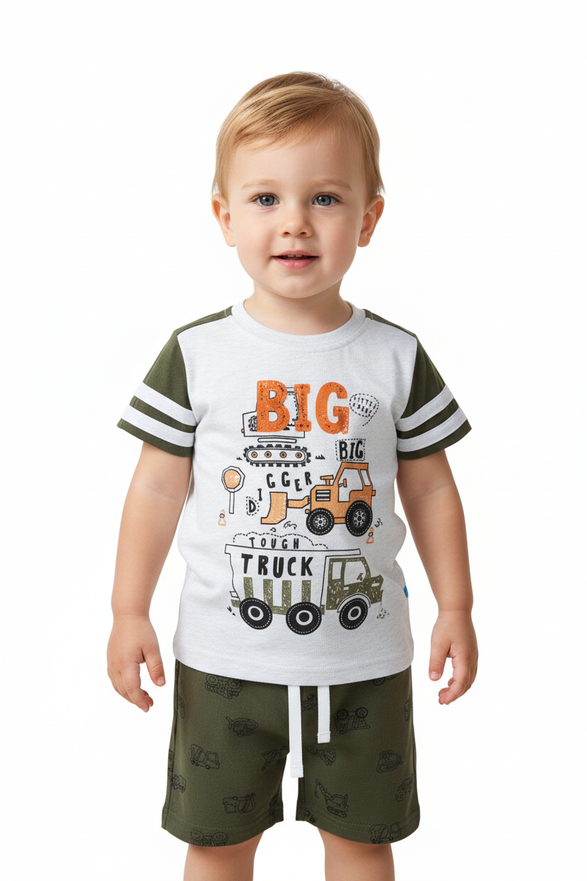 Enfant en ensemble BIG TRUCK blanc et vert - détail engins de chantier pelleteuse tracteur camion - BabyCoton