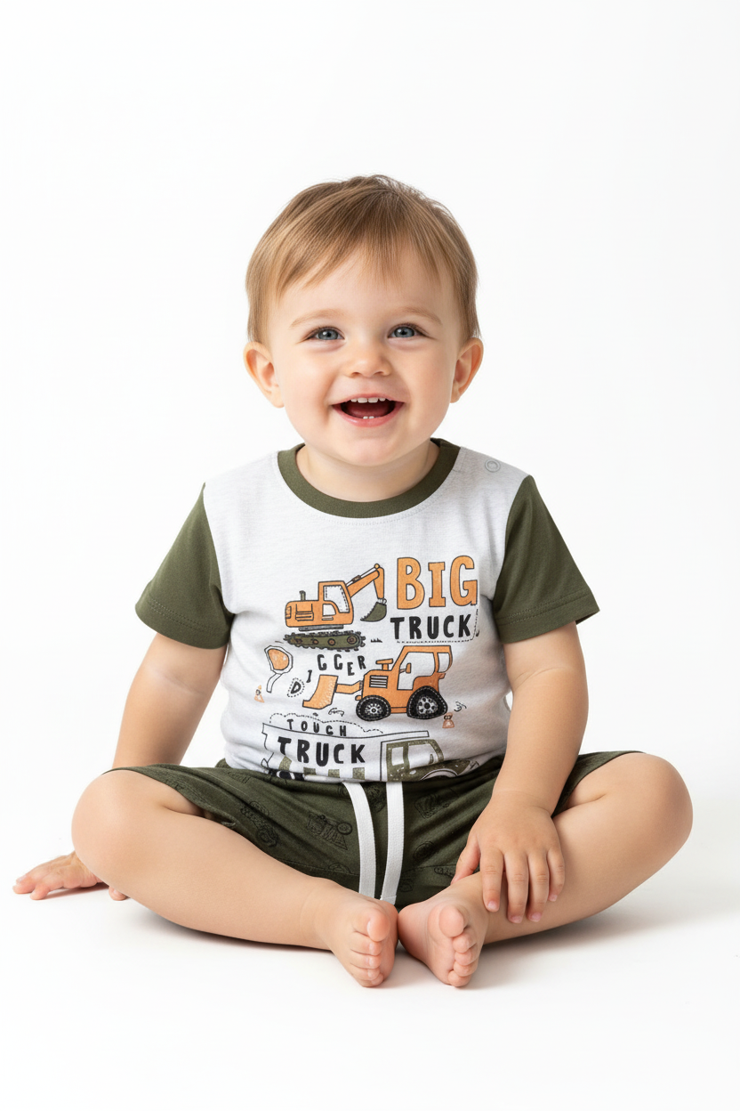 Enfant en ensemble BIG TRUCK blanc et vert - pose assise adorable - vêtement enfant confortable - BabyCoton
