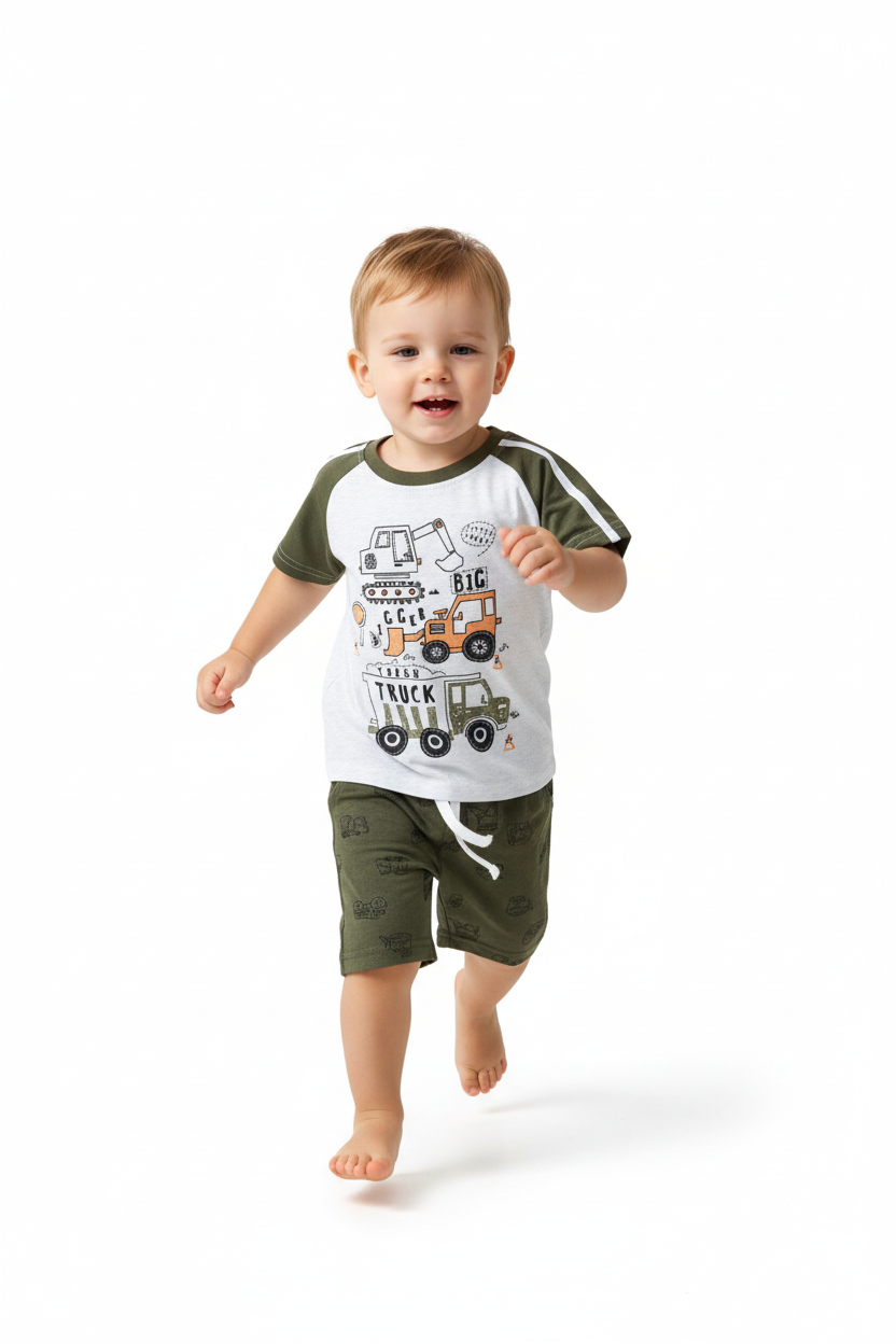 Enfant en ensemble BIG TRUCK blanc et vert - pose en course dynamique - tenue enfant confortable - BabyCoton