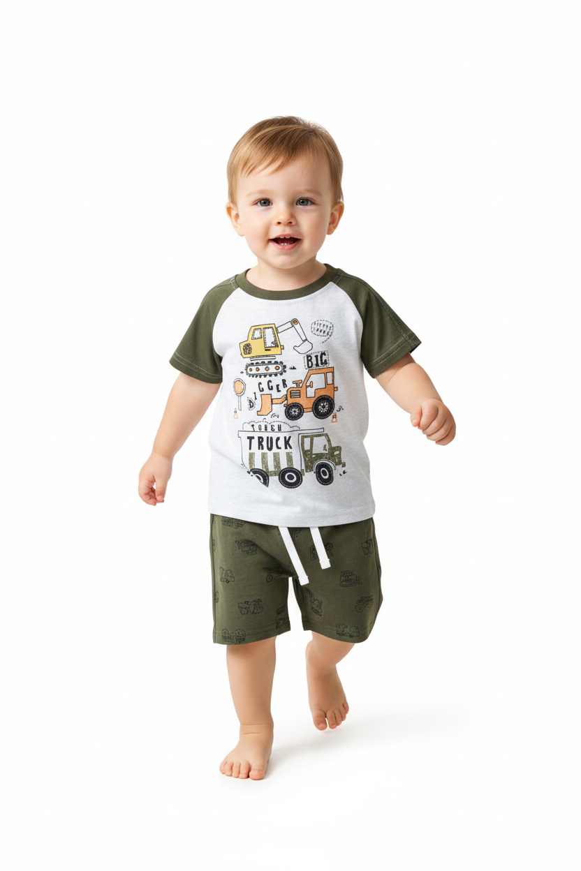 Enfant en ensemble BIG TRUCK blanc et vert - pose en marche - tenue décontractée enfant - BabyCoton