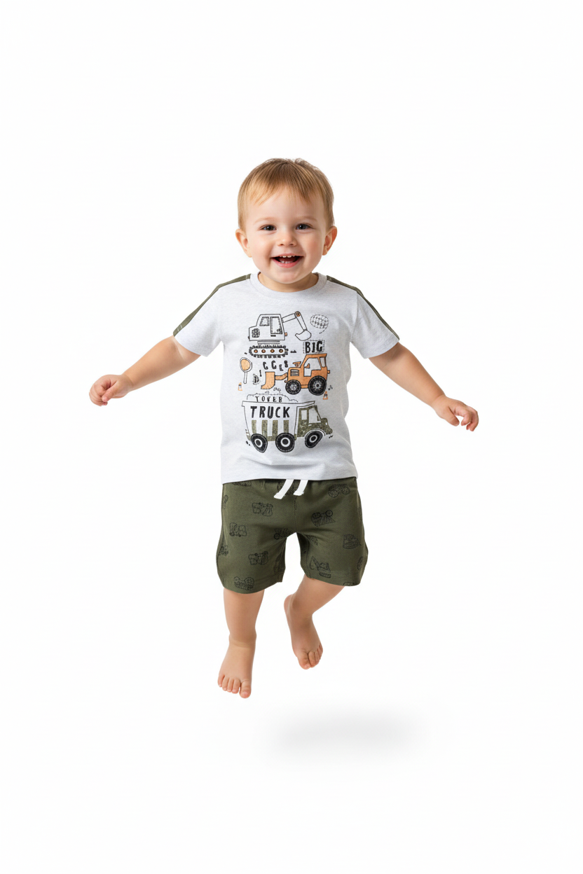 Enfant en ensemble BIG TRUCK blanc et vert - saut joyeux - tenue enfant active - BabyCoton