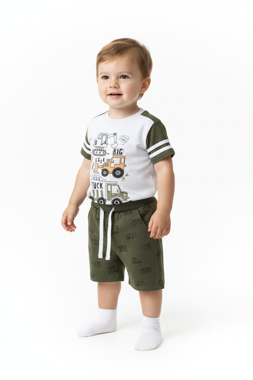 Enfant en ensemble BIG TRUCK blanc et vert - vue trois-quarts montrant ensemble complet 2 pièces - BabyCoton