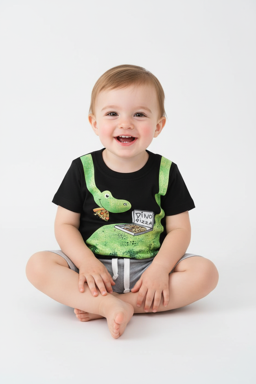 Enfant en ensemble DINO PIZZA noir - pose assise adorable - vêtement enfant confortable - BabyCoton