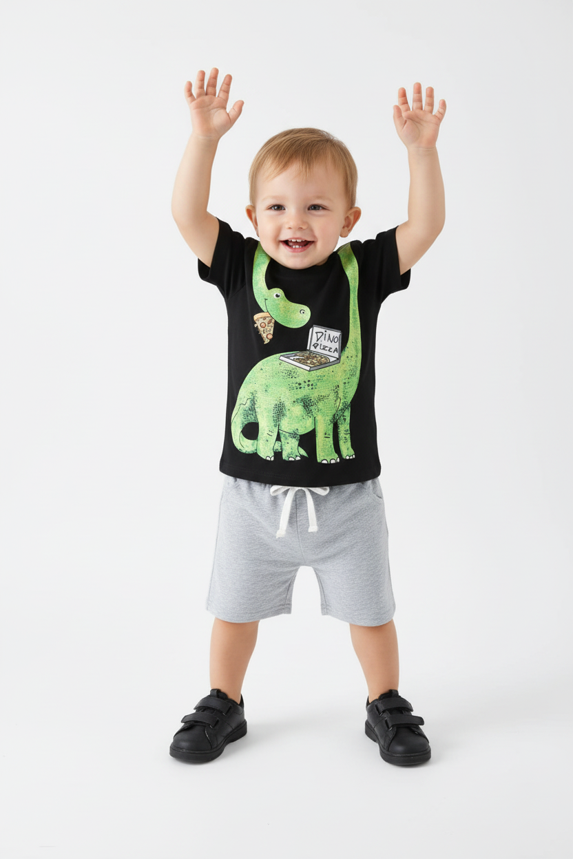 Enfant en ensemble DINO PIZZA noir - pose bras levés joyeuse - tenue ludique enfant - BabyCoton