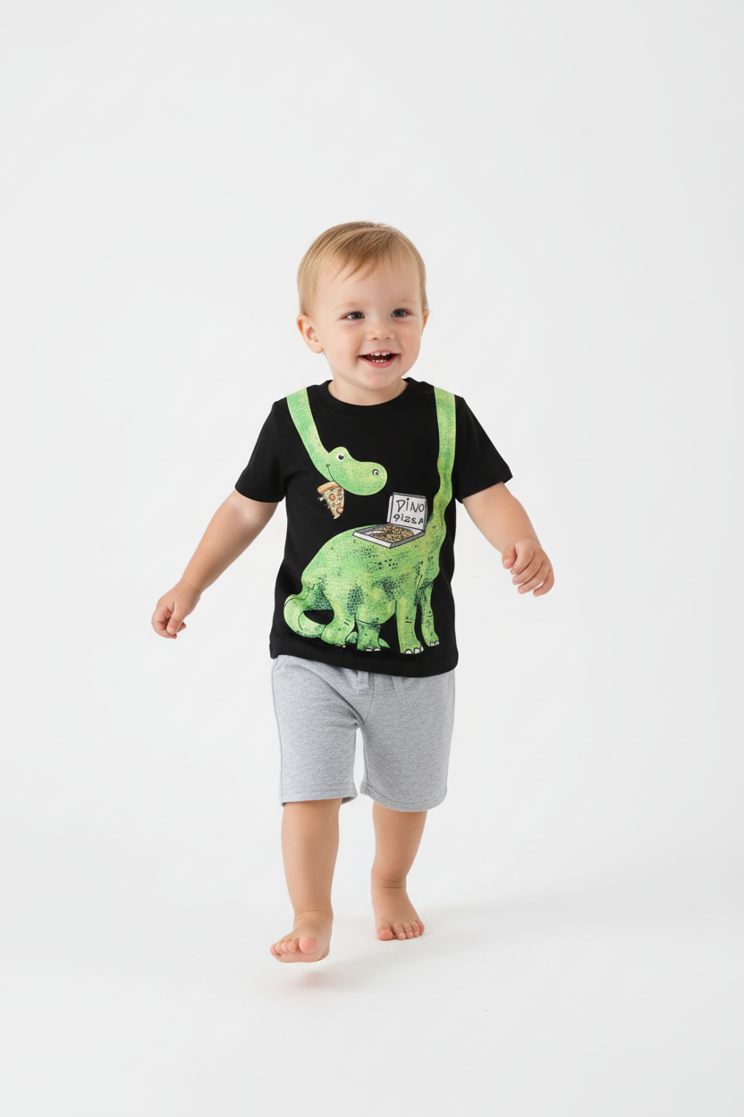 Enfant en ensemble DINO PIZZA noir - pose en marche - tenue décontractée enfant - BabyCoton