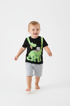 Enfant en ensemble DINO PIZZA noir - pose en marche - tenue décontractée enfant - BabyCoton