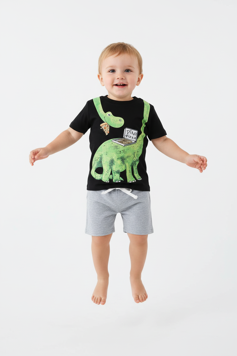 Enfant en ensemble DINO PIZZA noir - saut joyeux - tenue enfant active - BabyCoton